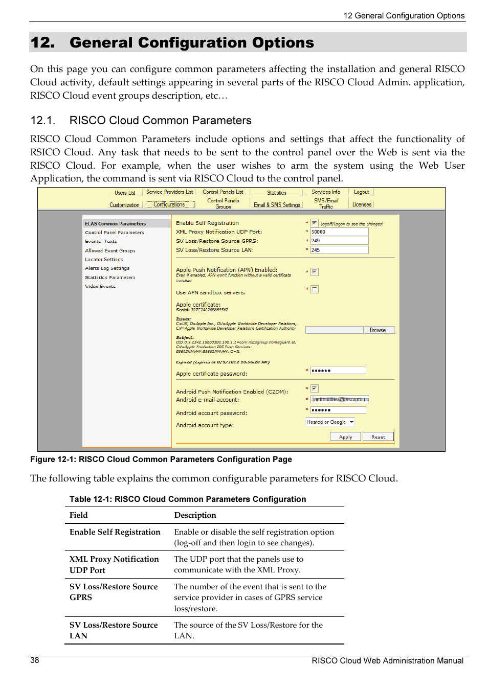General configuration options, Risco cloud common parameters | RISCO Group RISCO Application Server User Manual | Page 42 / 72