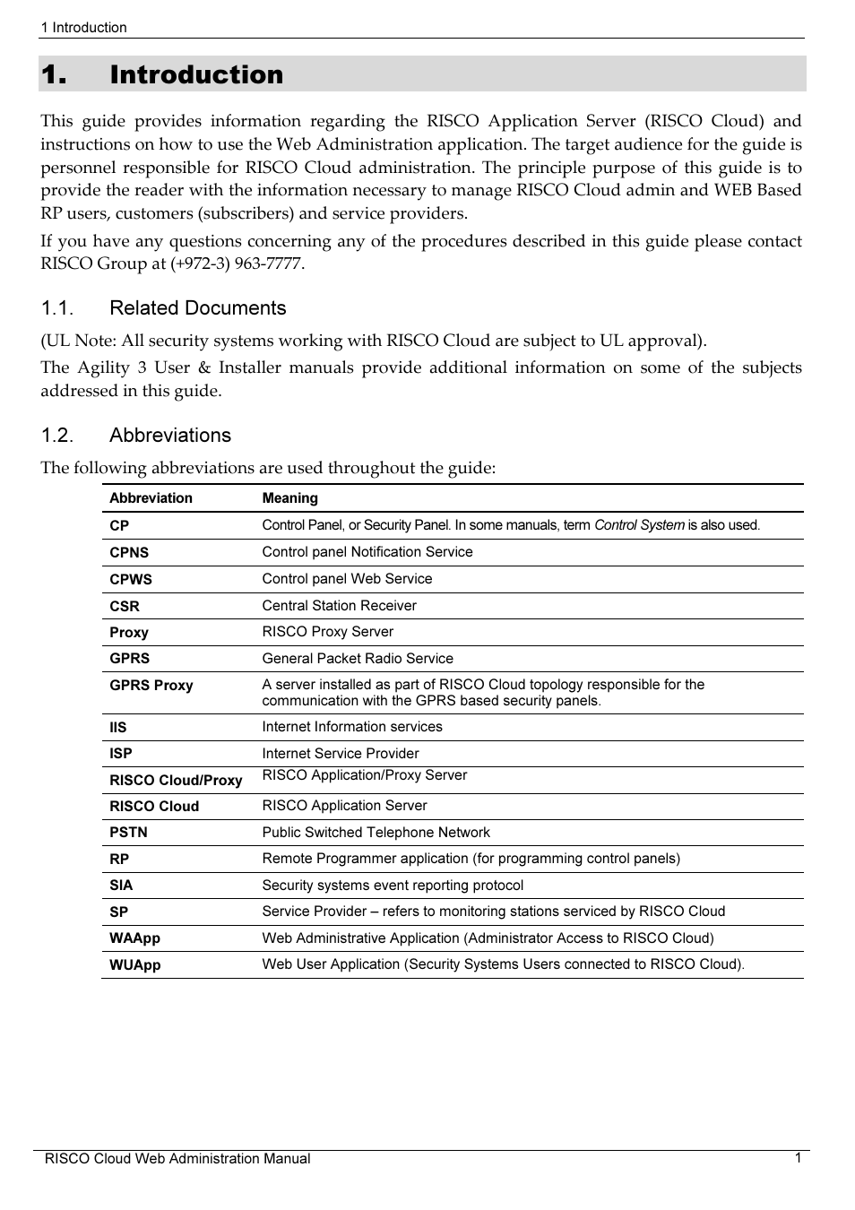 Introduction, Related documents, Abbreviations | RISCO Group RISCO Application Server User Manual | Page 5 / 72