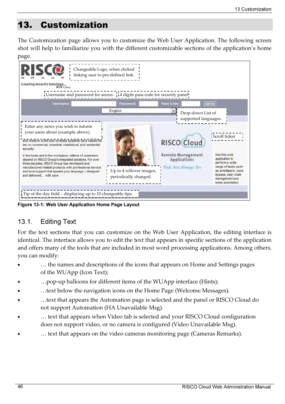 Customization, Editing text | RISCO Group RISCO Application Server User Manual | Page 50 / 72