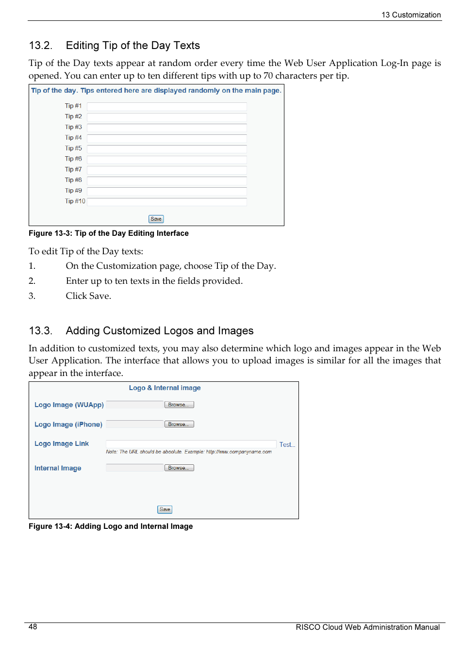Editing tip of the day texts, Adding customized logos and images | RISCO Group RISCO Application Server User Manual | Page 52 / 72