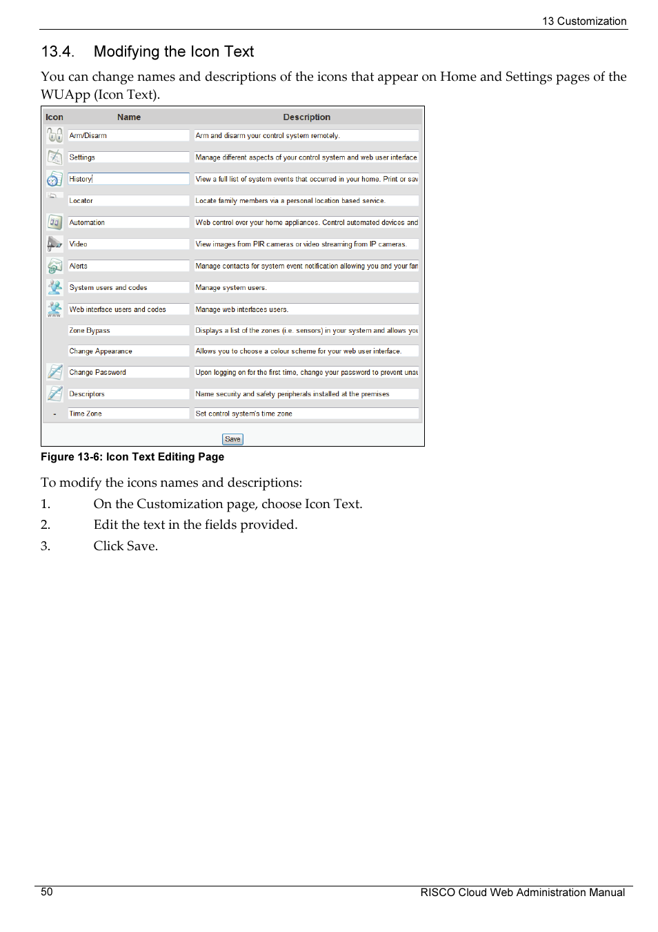 Modifying the icon text | RISCO Group RISCO Application Server User Manual | Page 54 / 72