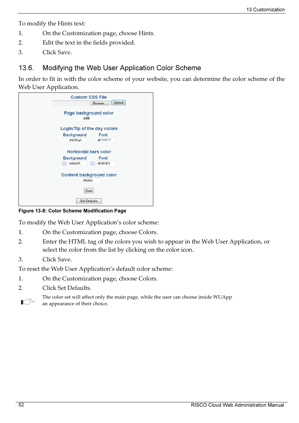 Modifying the web user application color scheme | RISCO Group RISCO Application Server User Manual | Page 56 / 72