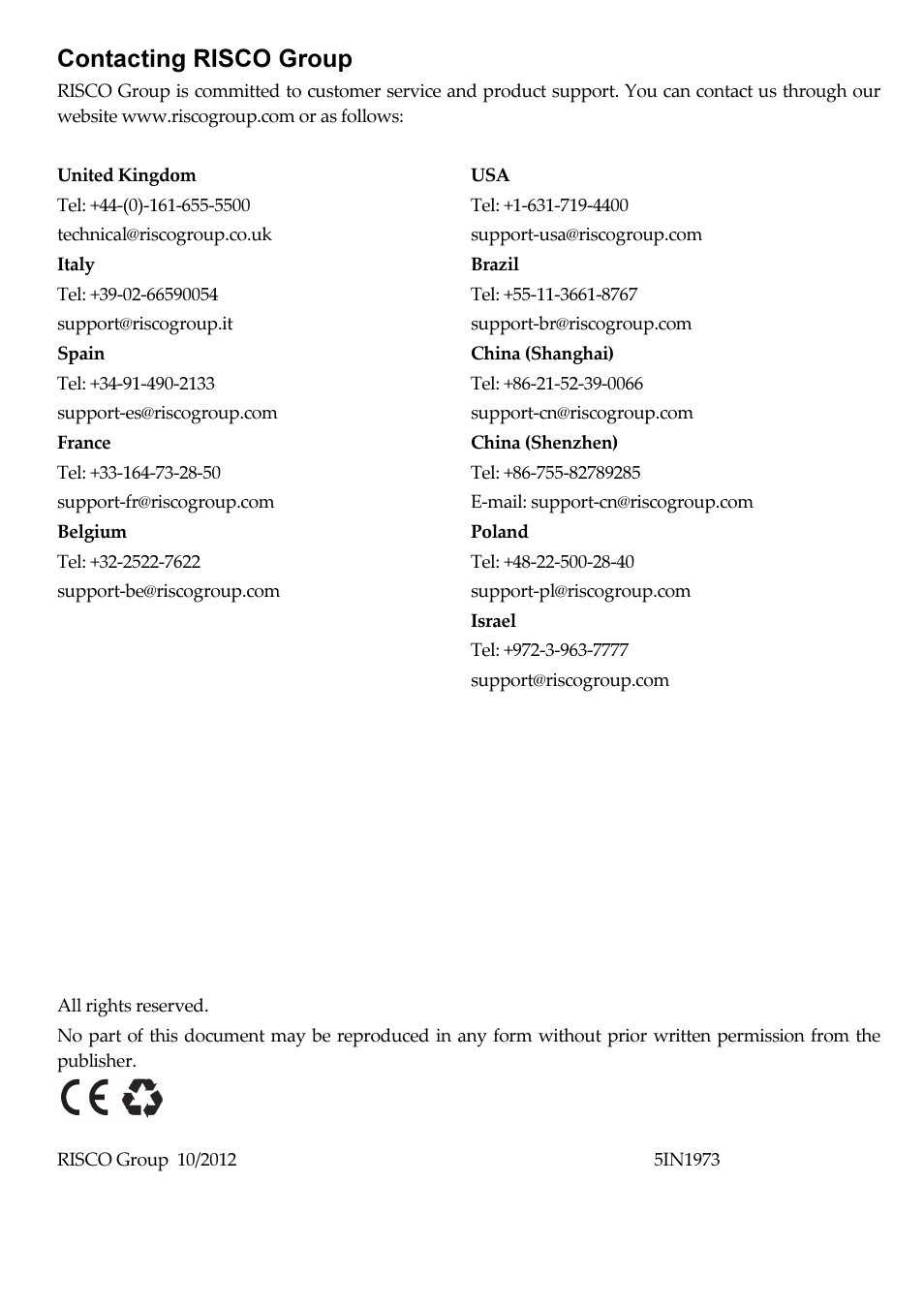 Contacting risco group | RISCO Group RISCO Application Server User Manual | Page 72 / 72