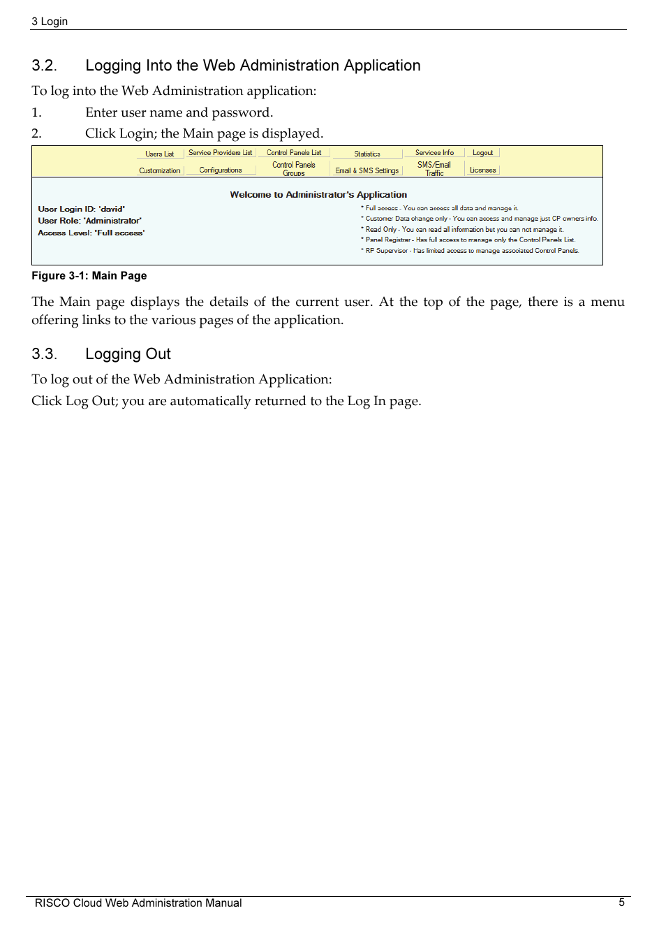 Logging into the web administration application, Logging out | RISCO Group RISCO Application Server User Manual | Page 9 / 72