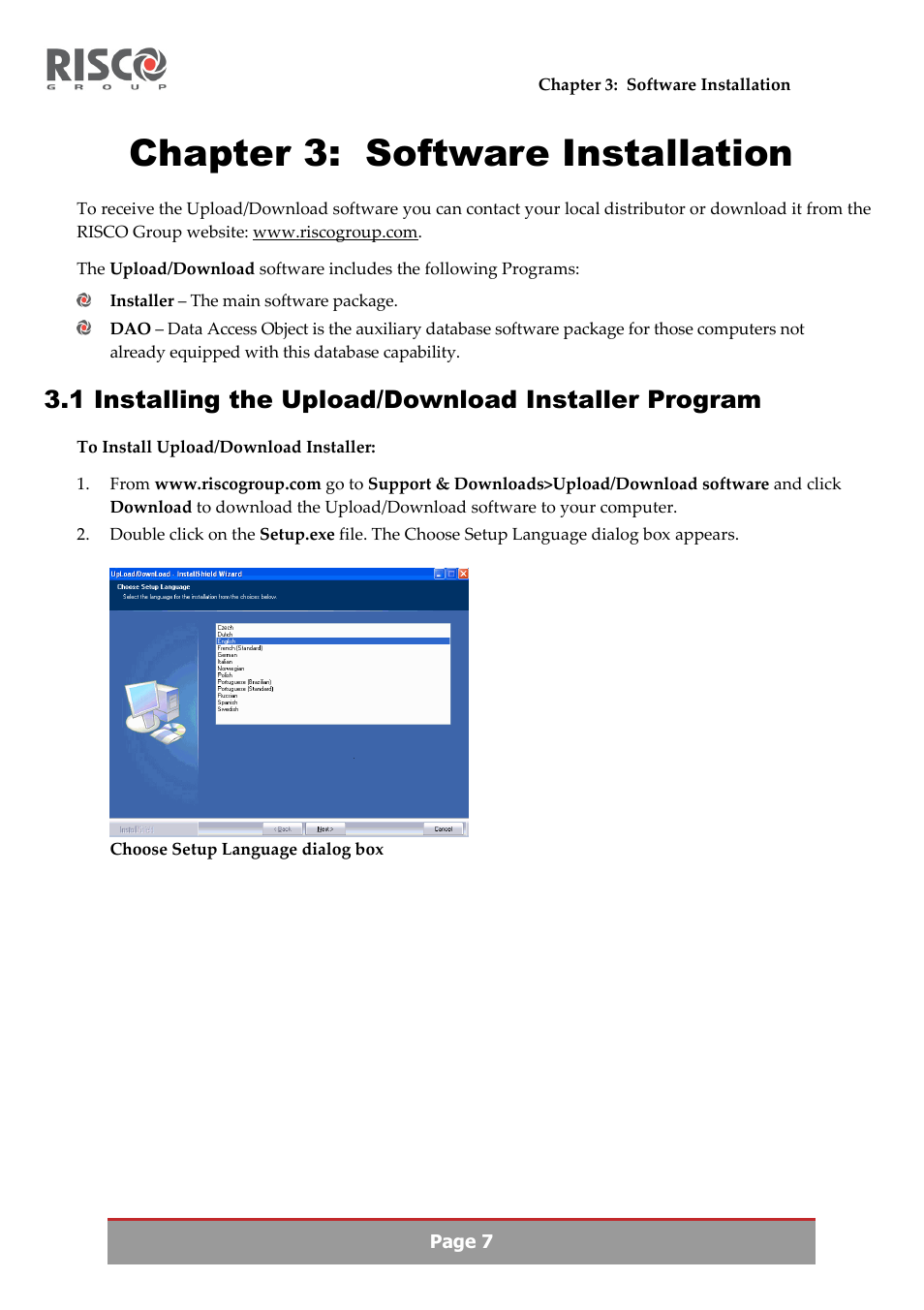 Chapter 3: software installation, 1 installing the upload/download installer program | RISCO Group Upload/Download software User Manual | Page 10 / 48