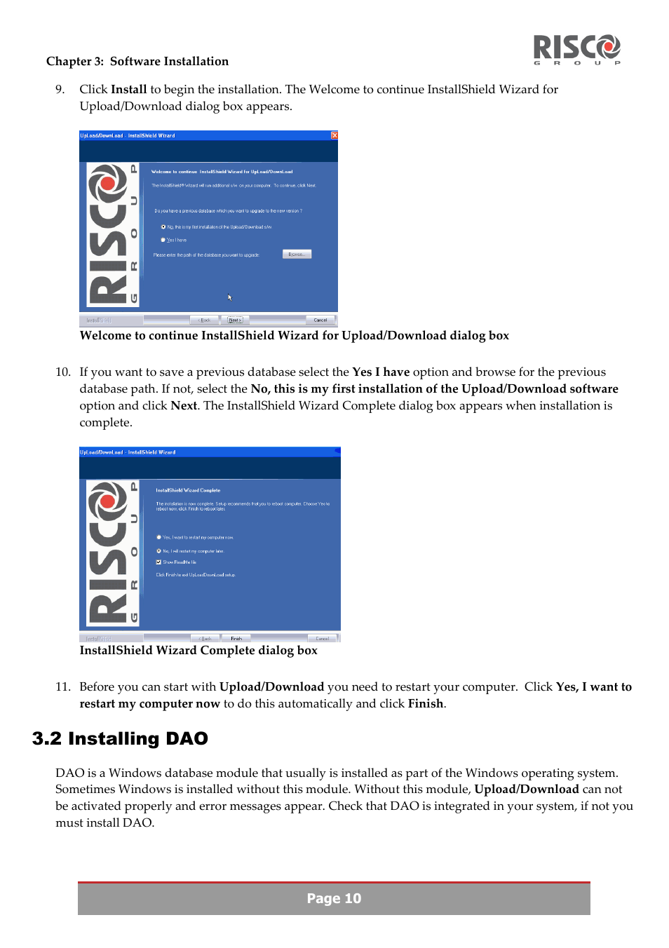2 installing dao | RISCO Group Upload/Download software User Manual | Page 13 / 48