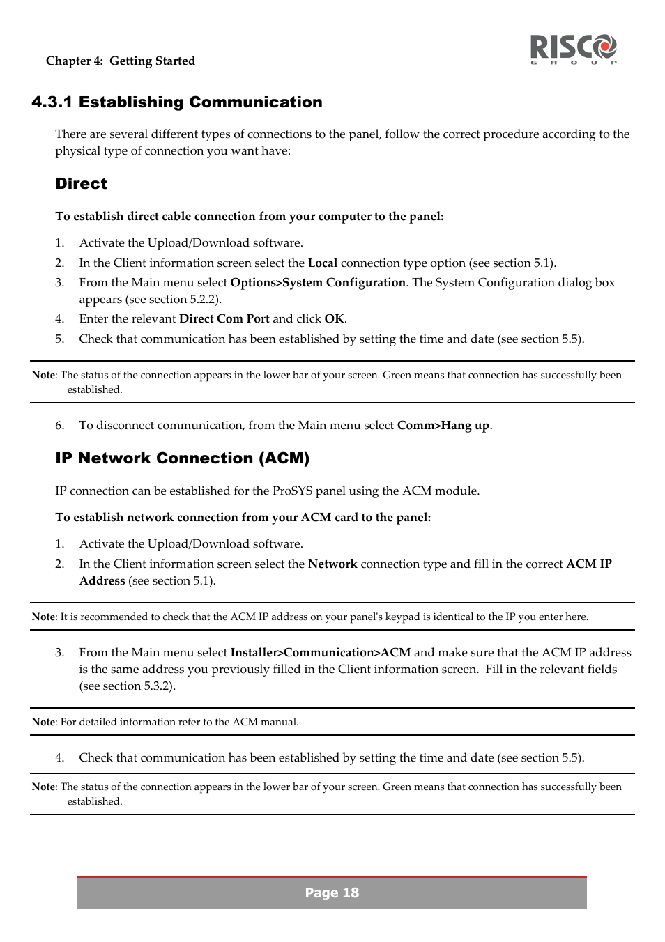 1 establishing communication, Direct, Ip network connection (acm) | RISCO Group Upload/Download software User Manual | Page 21 / 48