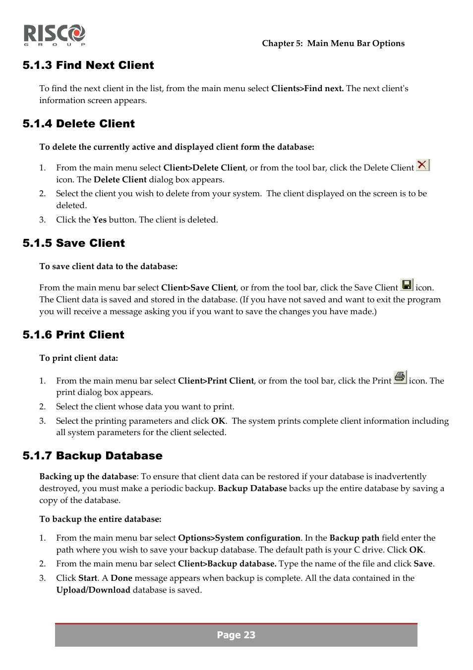 3 find next client, 4 delete client, 5 save client | 6 print client, 7 backup database | RISCO Group Upload/Download software User Manual | Page 26 / 48