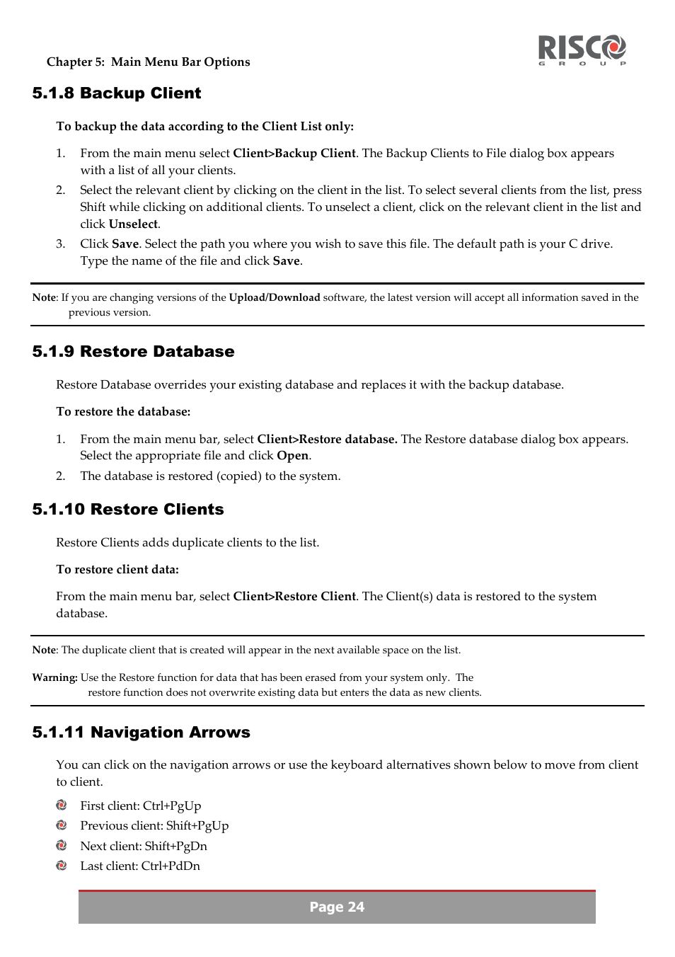 8 backup client, 9 restore database, 10 restore clients | 11 navigation arrows | RISCO Group Upload/Download software User Manual | Page 27 / 48