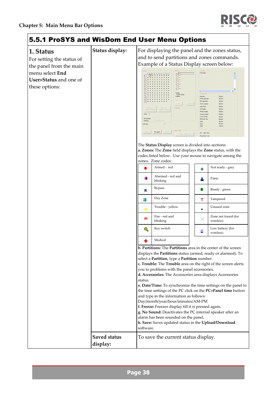 1 prosys and wisdom end user menu options, Status, Page 38 | RISCO Group Upload/Download software User Manual | Page 41 / 48