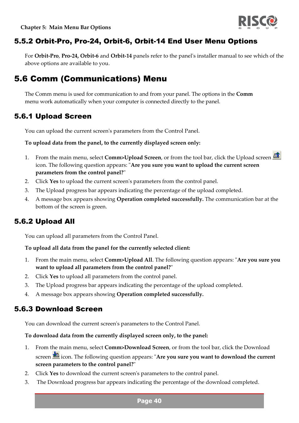 6 comm (communications) menu, 1 upload screen, 2 upload all | 3 download screen | RISCO Group Upload/Download software User Manual | Page 43 / 48