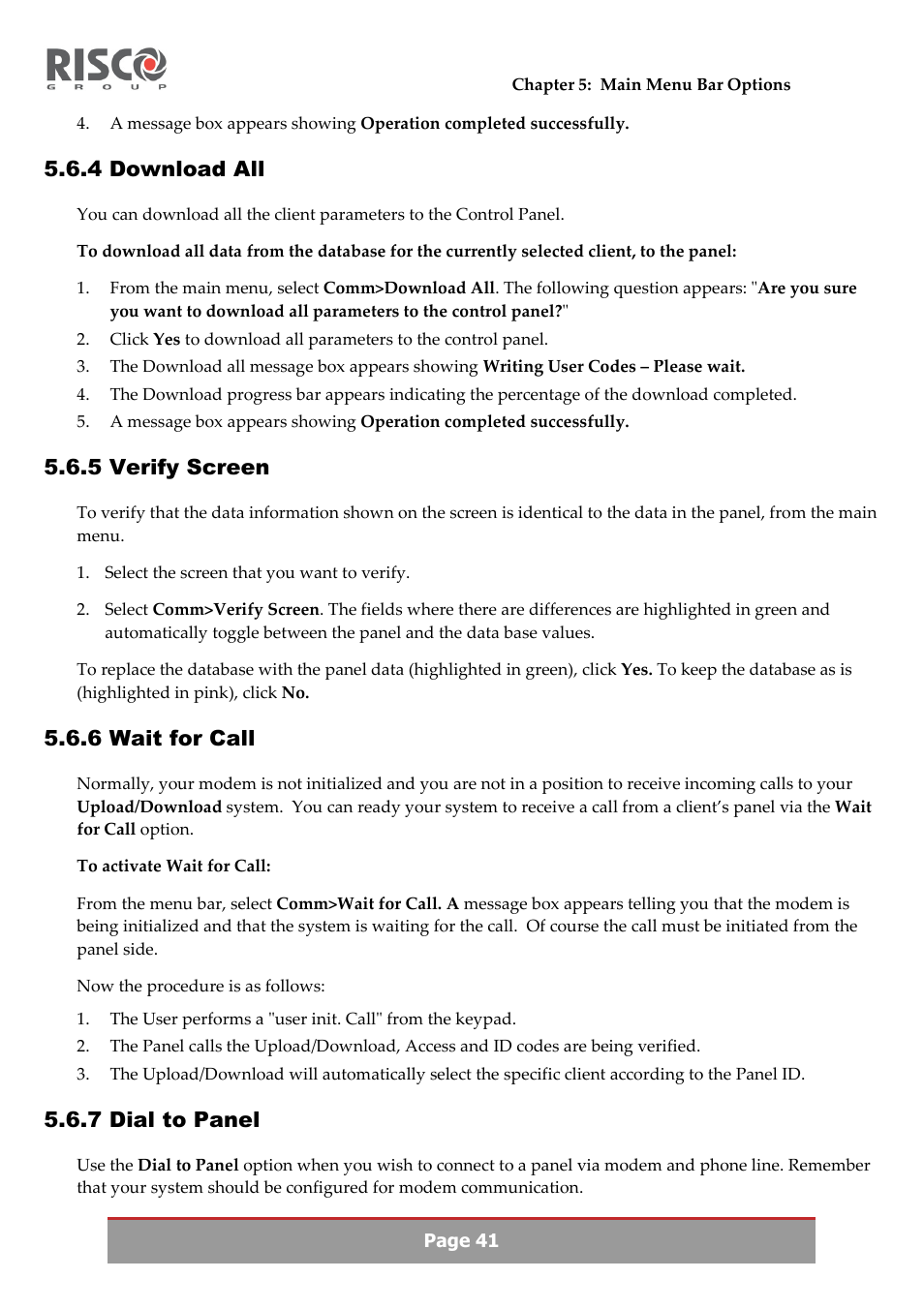4 download all, 5 verify screen, 6 wait for call | 7 dial to panel | RISCO Group Upload/Download software User Manual | Page 44 / 48