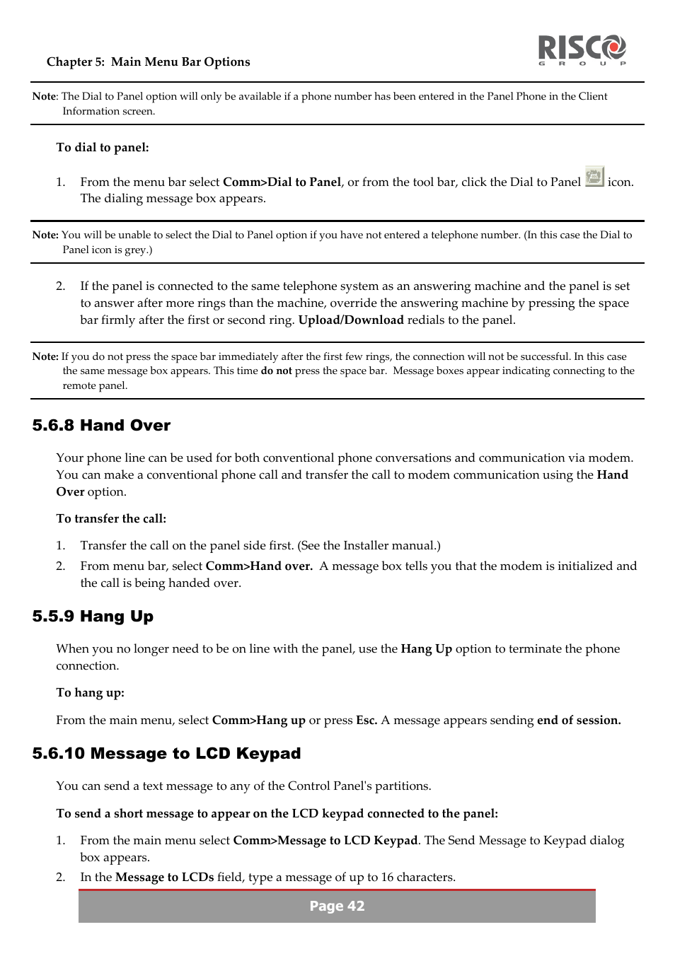 8 hand over, 9 hang up, 10 message to lcd keypad | RISCO Group Upload/Download software User Manual | Page 45 / 48