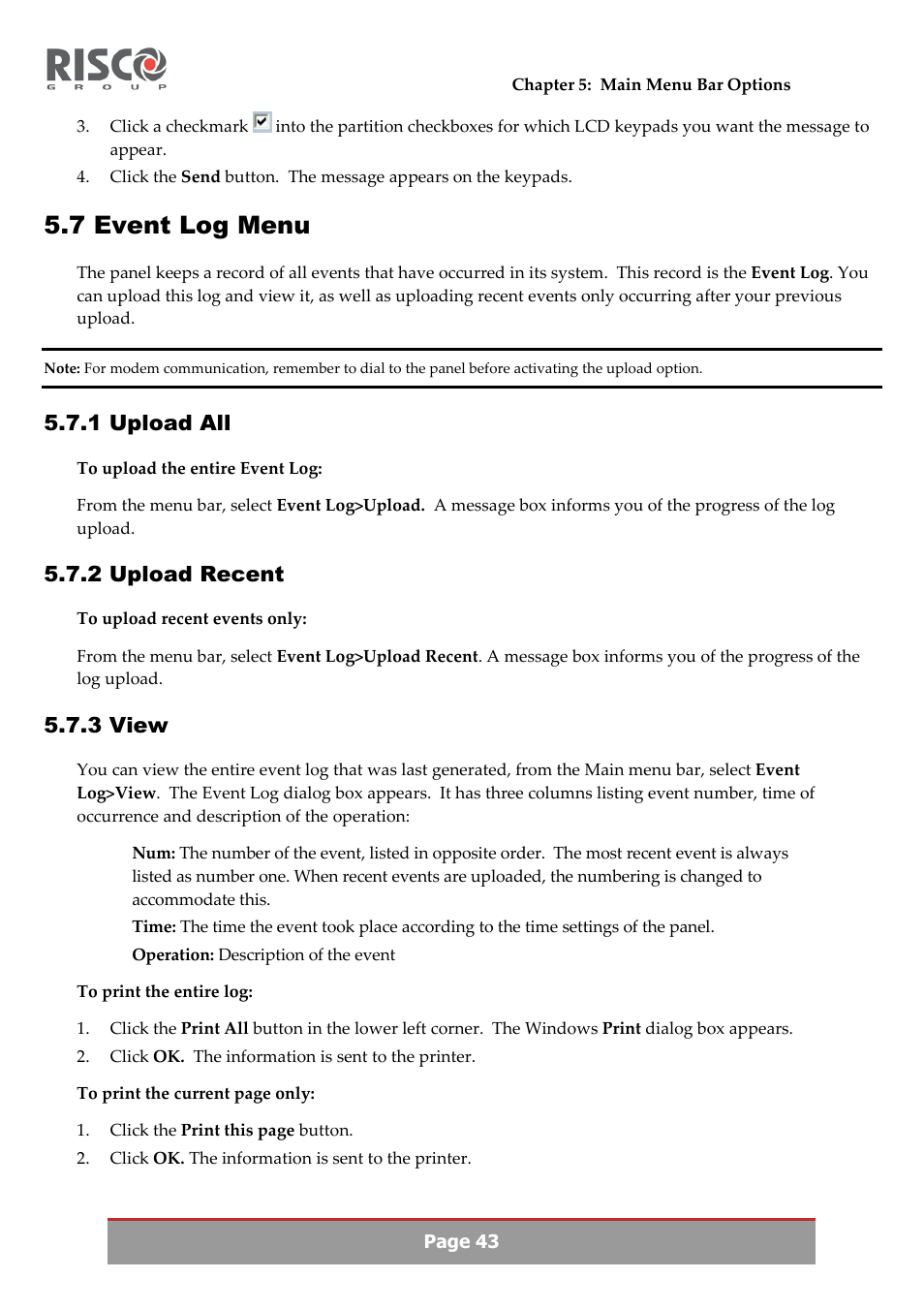 7 event log menu, 1 upload all, 2 upload recent | 3 view | RISCO Group Upload/Download software User Manual | Page 46 / 48