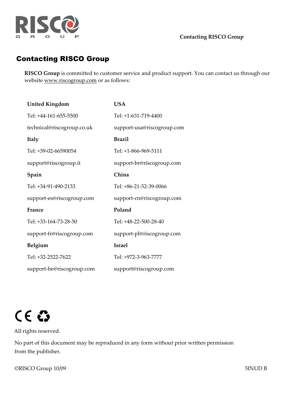 Contacting risco group | RISCO Group Upload/Download software User Manual | Page 48 / 48