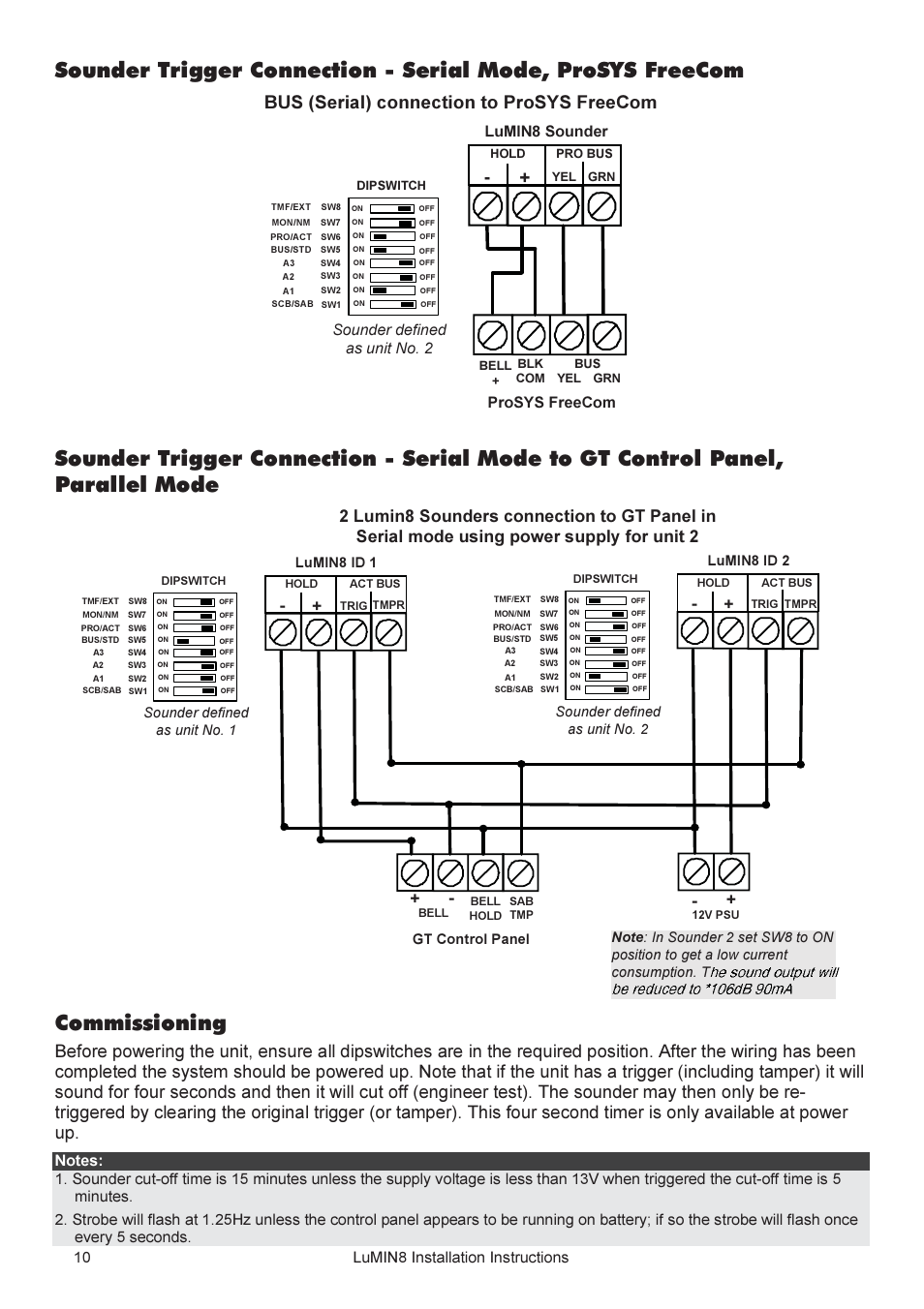 Commissioning, Bus (serial) connection to prosys freecom, Lumin8 sounder prosys freecom | Sounder defined as unit no. 2, Lumin8 installation instructions 10, Lumin8 id 2 gt control panel, Lumin8 id 1, Sounder defined as unit no. 1 | RISCO Group Lumin8 User Manual | Page 10 / 16