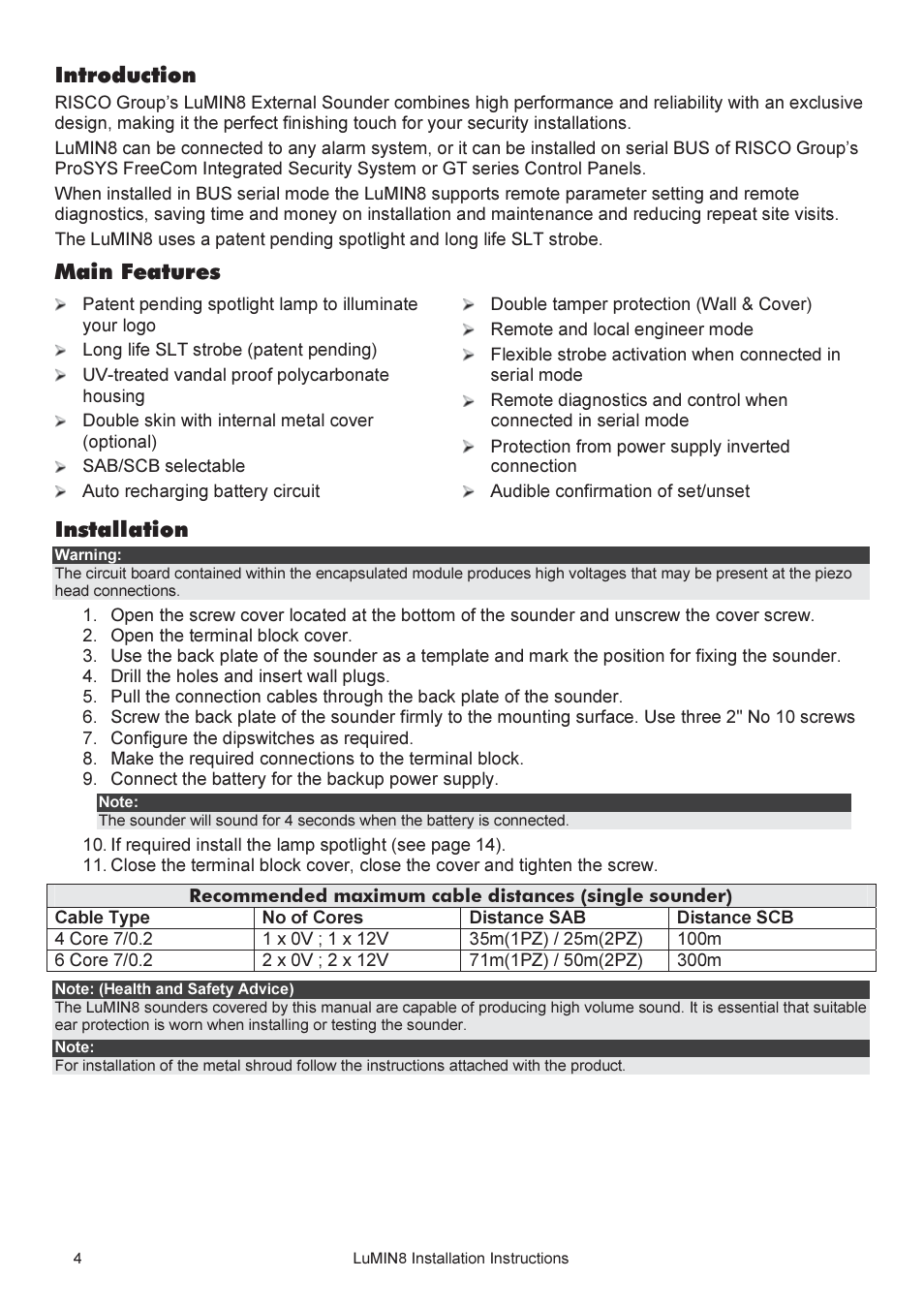 Introduction, Main features, Installation | RISCO Group Lumin8 User Manual | Page 4 / 16