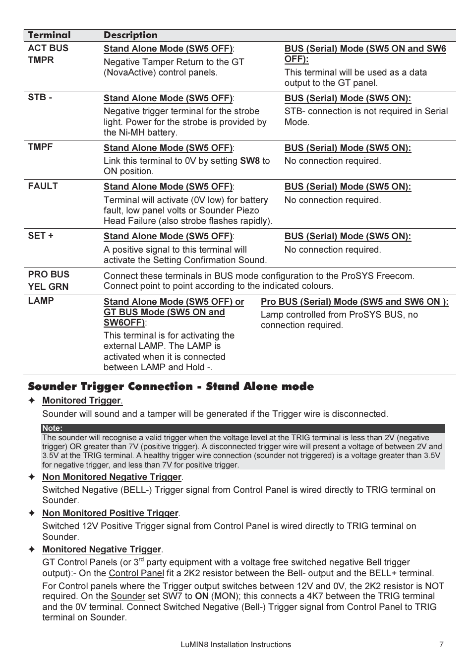 Sounder trigger connection - stand alone mode | RISCO Group Lumin8 User Manual | Page 7 / 16