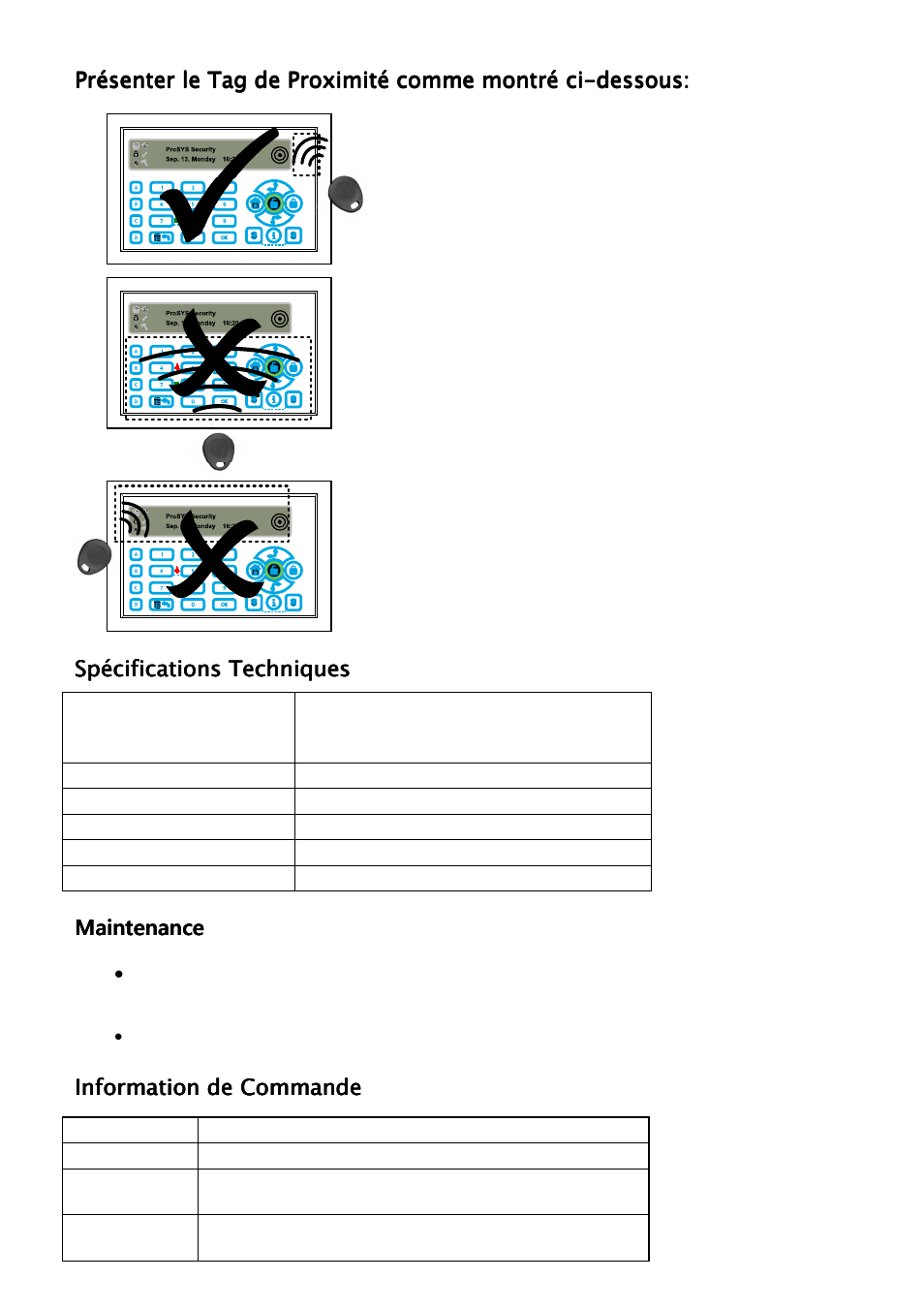 Présenter le tag de proximité comme montré ci, Maintenance, Information de commande | RISCO Group ProSYS KP User Manual | Page 18 / 40
