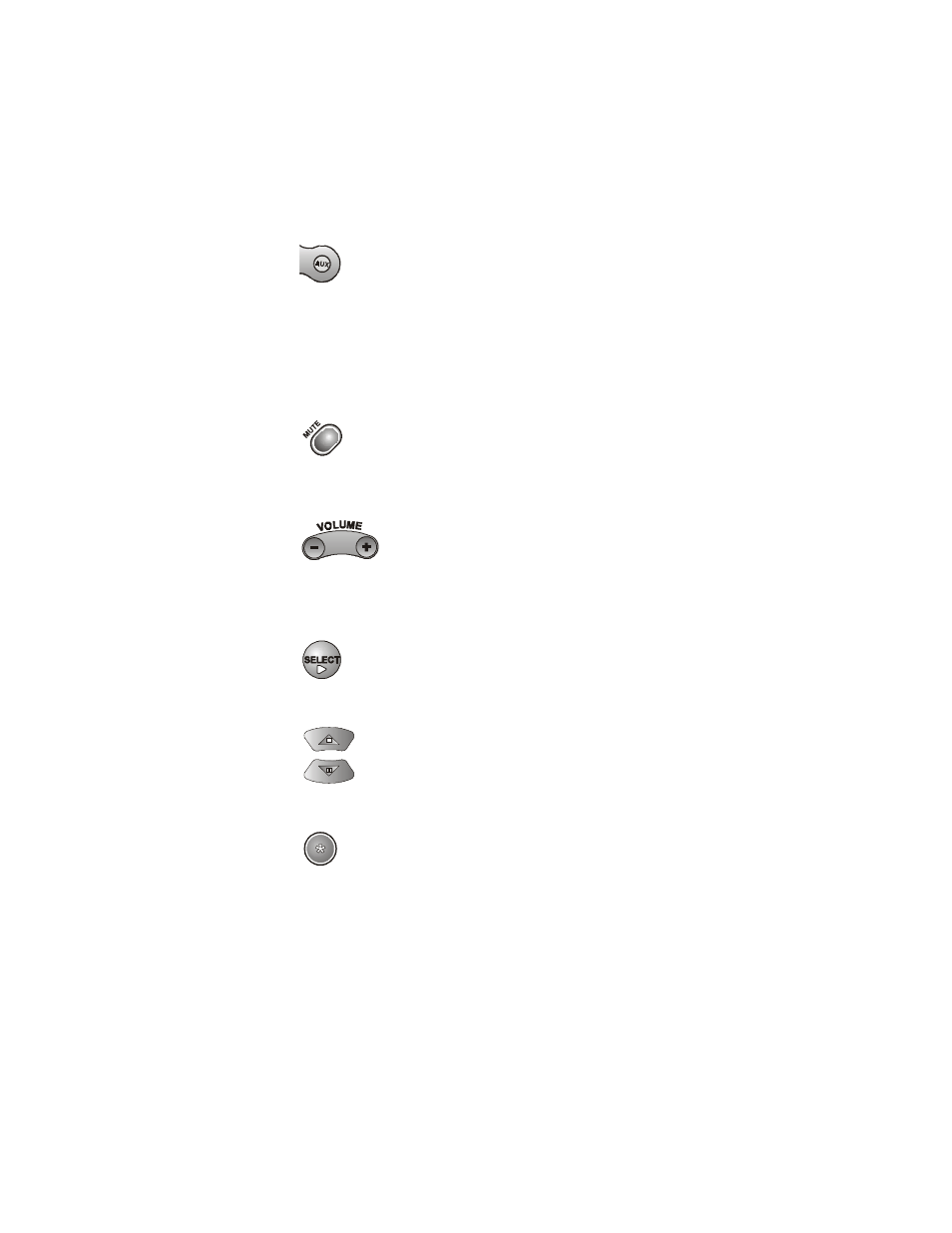 Aux mode button, Mute button, Volume button | Select button, Up/down (arrow) buttons, Star button | Dish Network 104333 User Manual | Page 14 / 32
