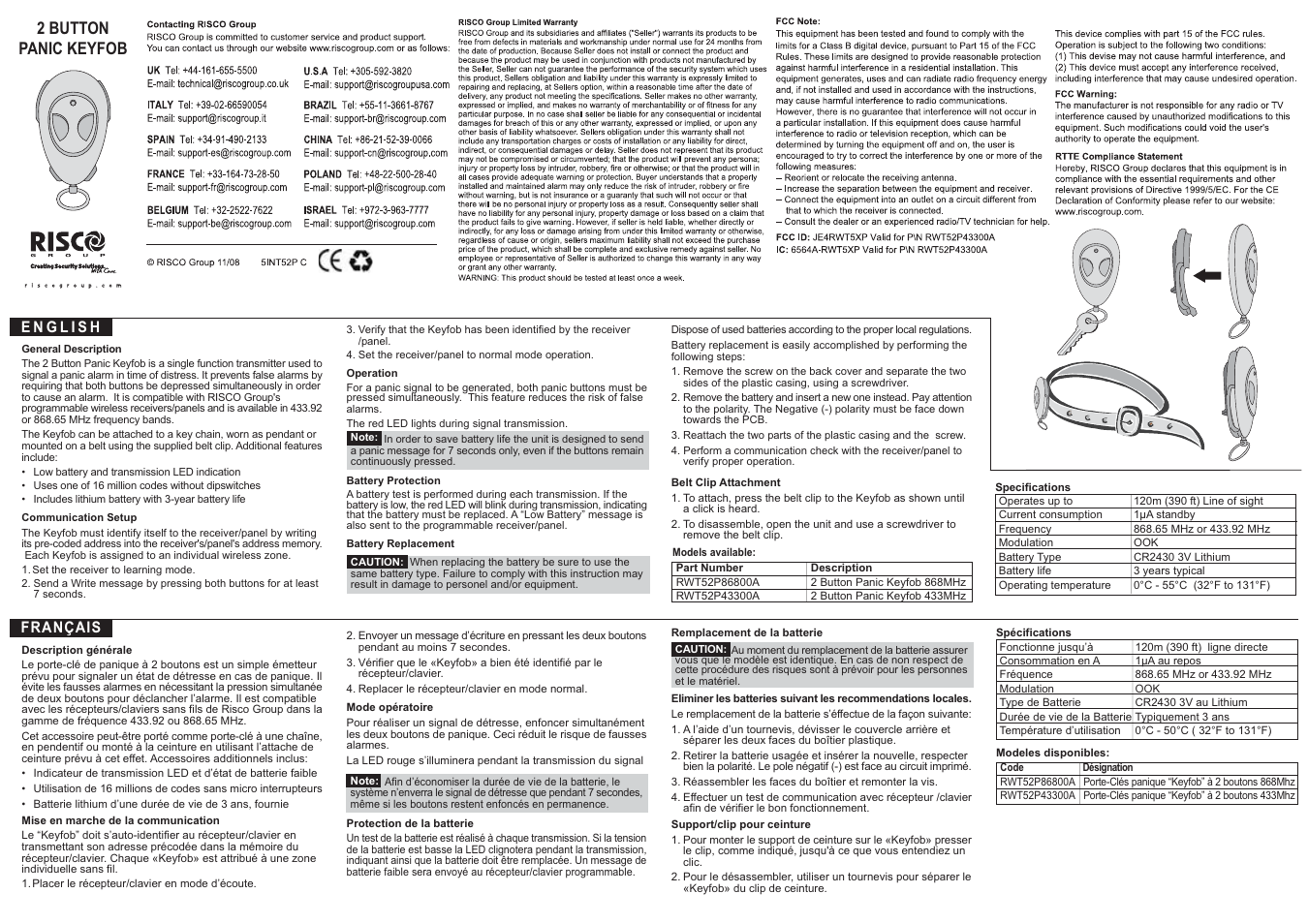 RISCO Group 2-Button Panic Keyfob User Manual | 2 pages
