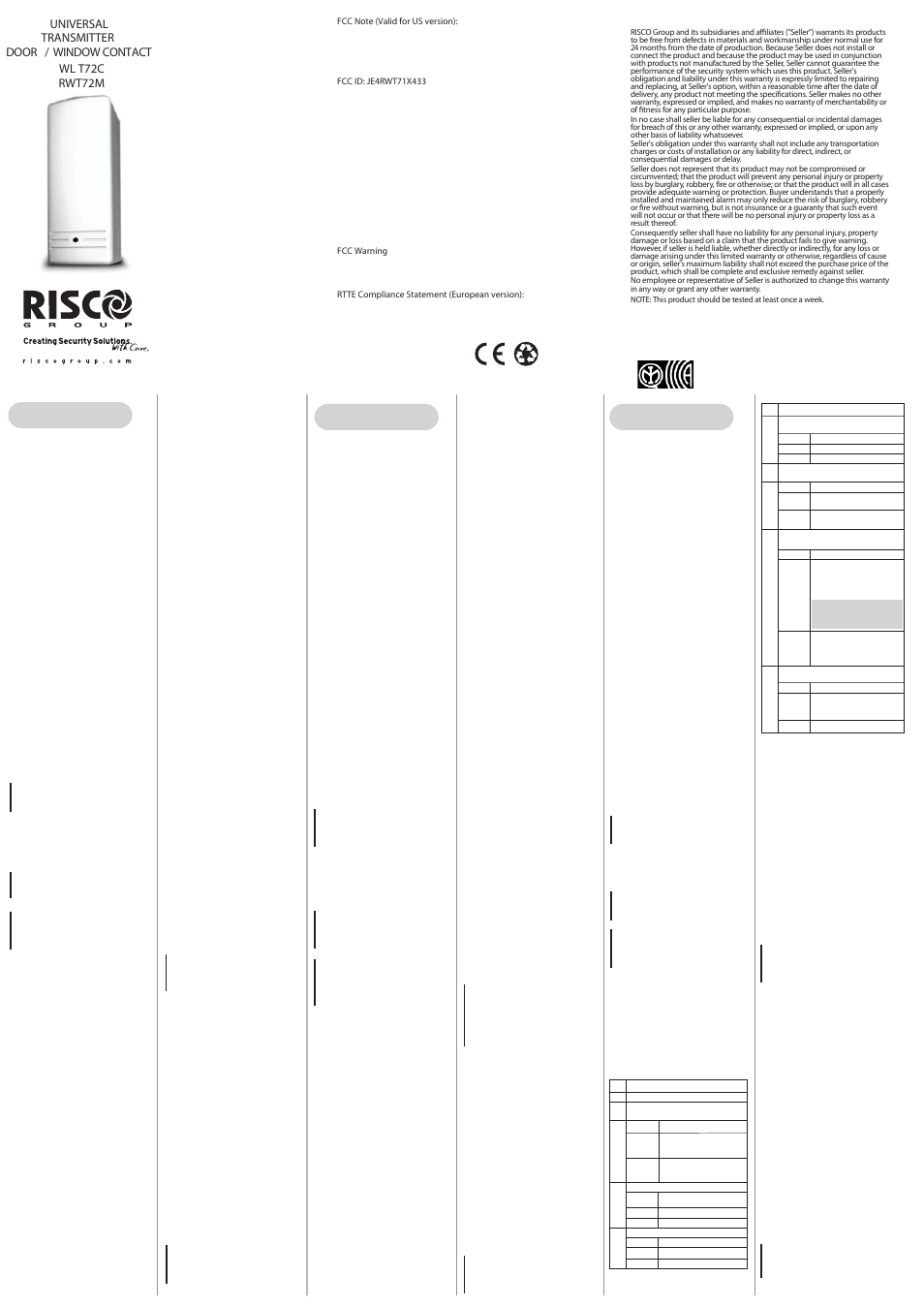 RISCO Group 2-Way Wireless Multi-Function Contact User Manual | 2 pages