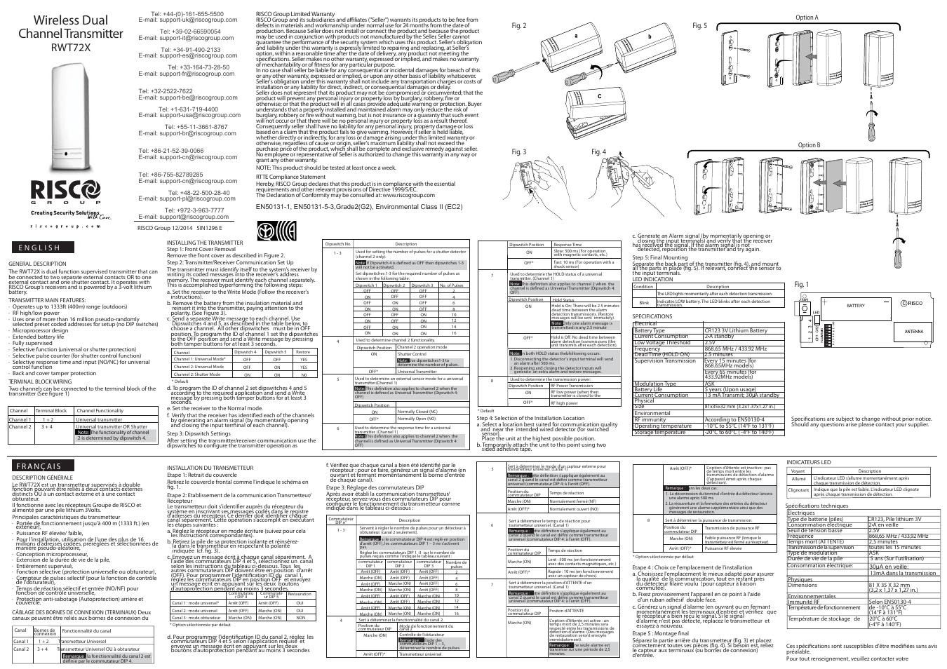 RISCO Group WL Dual Channel Transmitter RWT72X User Manual | 2 pages