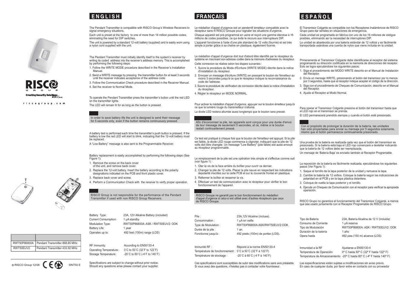 RISCO Group Wireless Panic Pendant User Manual | 2 pages