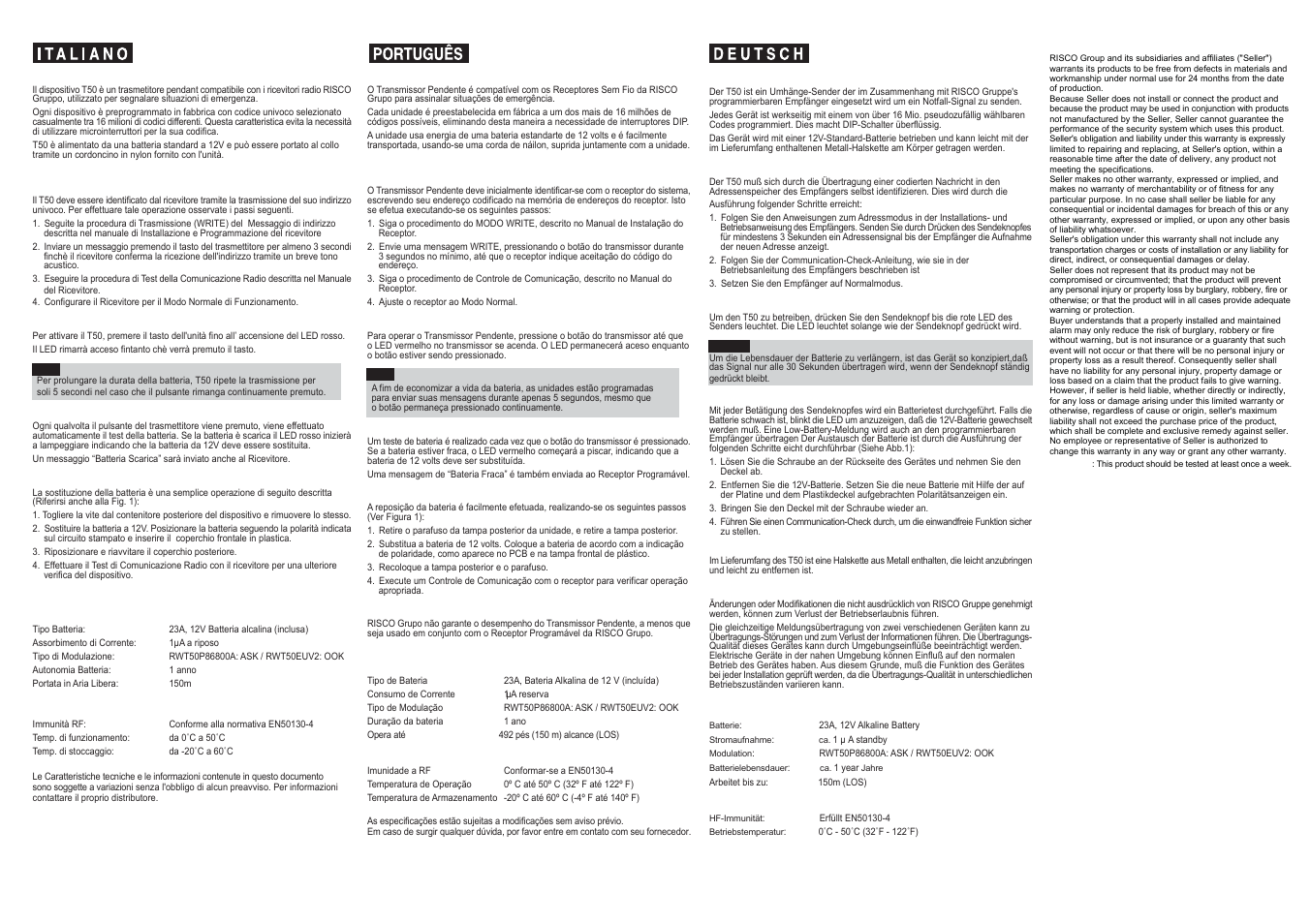 RISCO Group Wireless Panic Pendant User Manual | Page 2 / 2