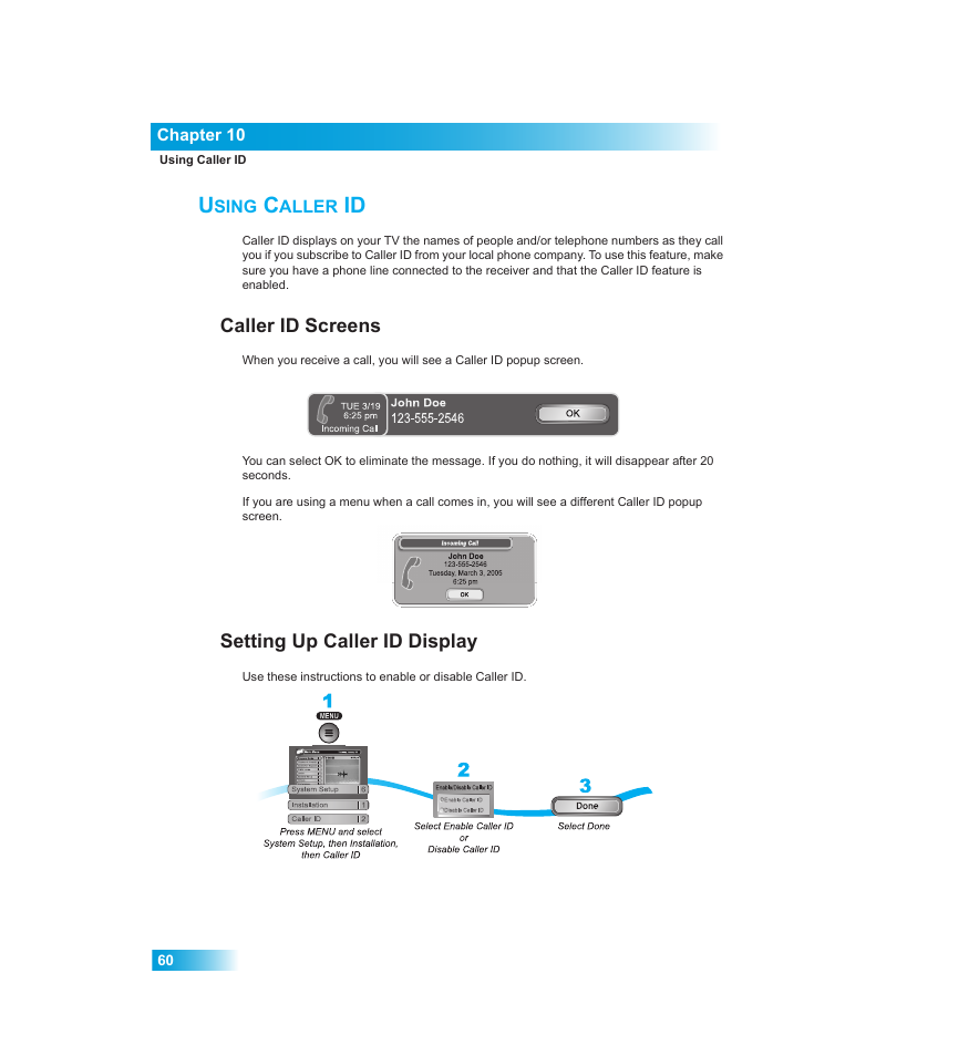 Sing, Aller, Caller id screens | Setting up caller id display | Dish Network Chapter 10 User Manual | Page 2 / 10