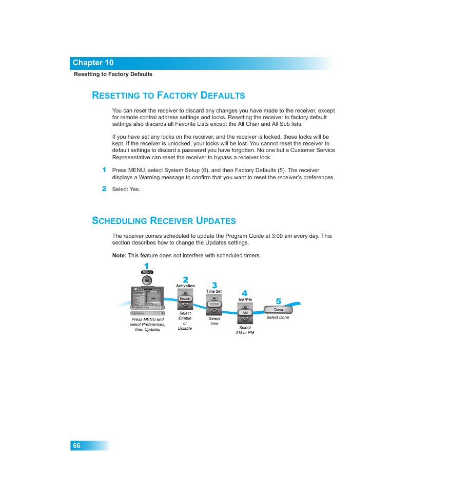 Esetting, Actory, Efaults | Cheduling, Eceiver, Pdates | Dish Network Chapter 10 User Manual | Page 8 / 10