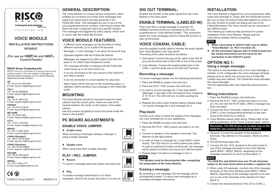 RISCO Group Orbit RP200VC User Manual | 2 pages