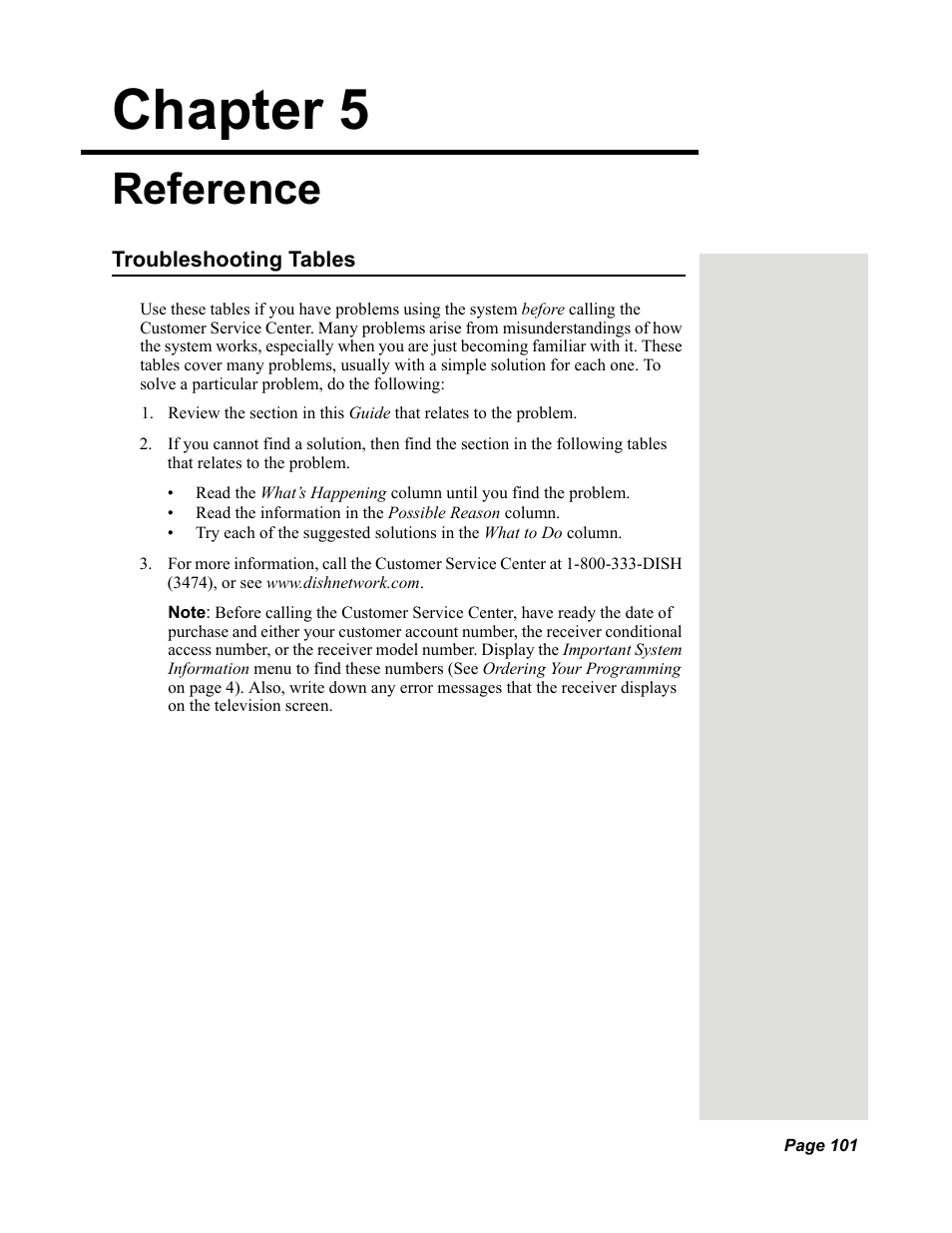 Chapter 5 - reference, Troubleshooting tables, Chapter 5 | Reference | Dish Network Solo 351 User Manual | Page 106 / 138