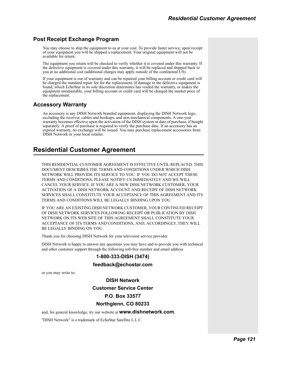 Residential customer agreement | Dish Network Solo 351 User Manual | Page 126 / 138