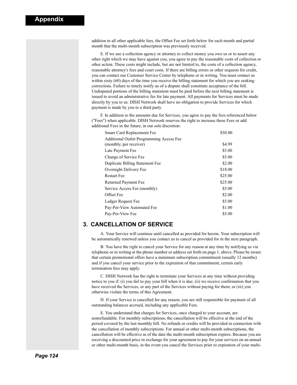 Appendix, Cancellation of service | Dish Network Solo 351 User Manual | Page 129 / 138