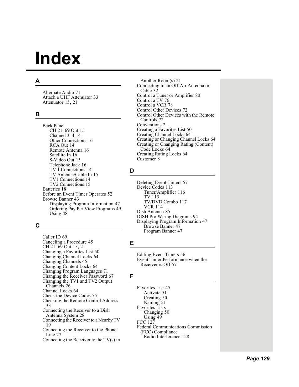 Index | Dish Network Solo 351 User Manual | Page 134 / 138