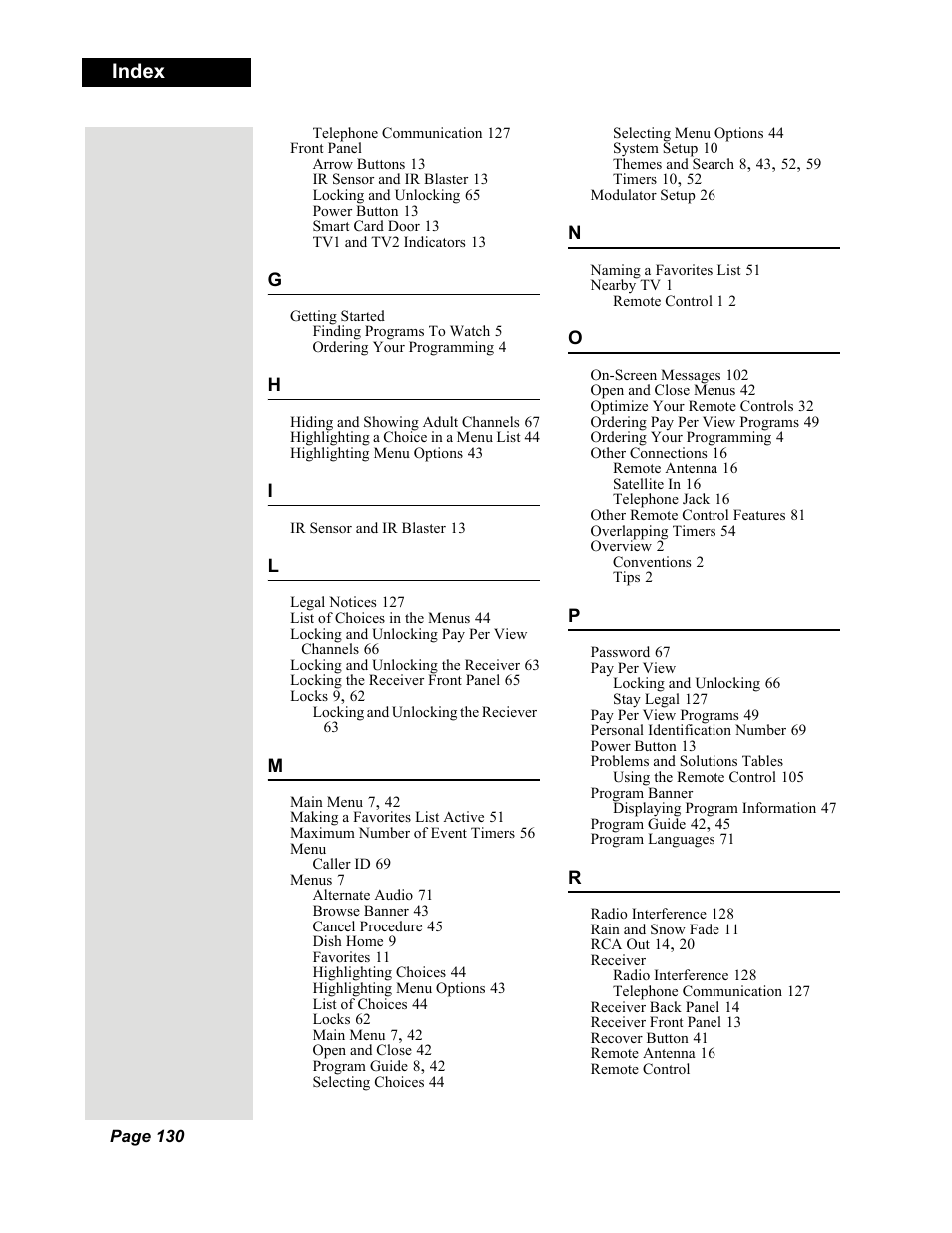 Index | Dish Network Solo 351 User Manual | Page 135 / 138