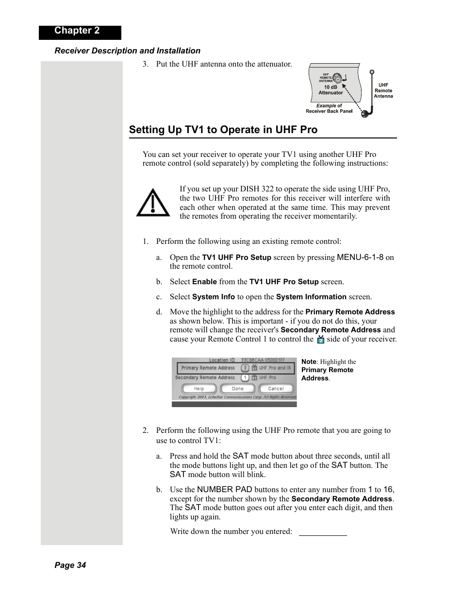 Setting up tv1 to operate in uhf pro | Dish Network Solo 351 User Manual | Page 39 / 138