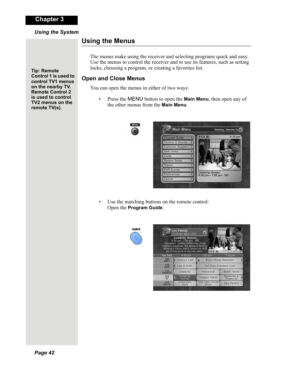 Using the menus, Chapter 3 | Dish Network Solo 351 User Manual | Page 47 / 138