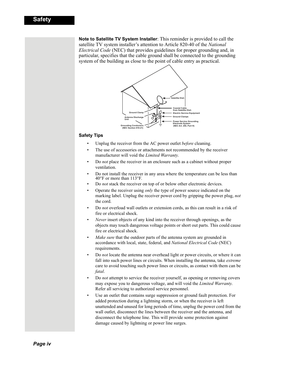 Safety, Page iv | Dish Network Solo 351 User Manual | Page 5 / 138