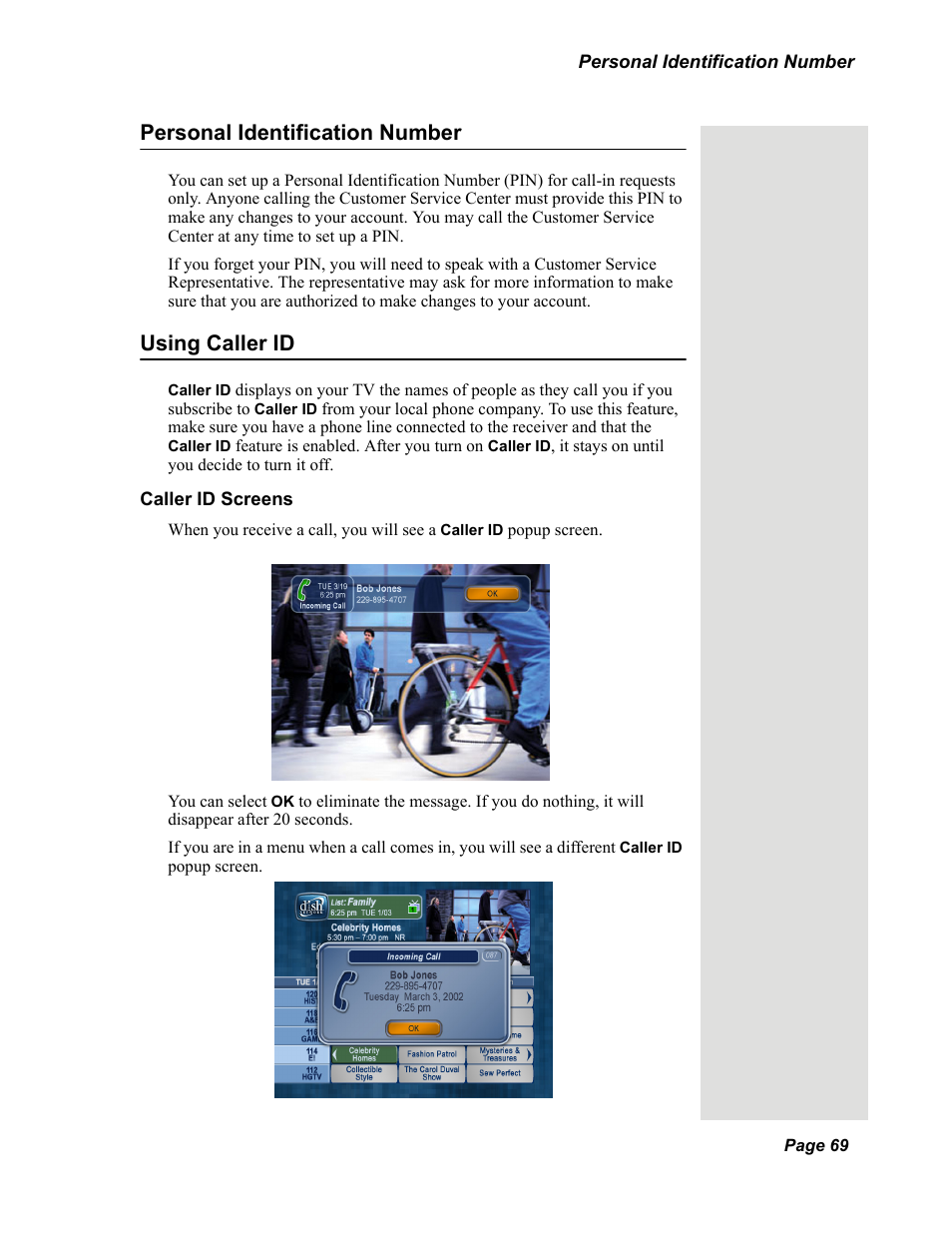 Personal identification number using caller id, Personal identification number, Using caller id | Dish Network Solo 351 User Manual | Page 74 / 138