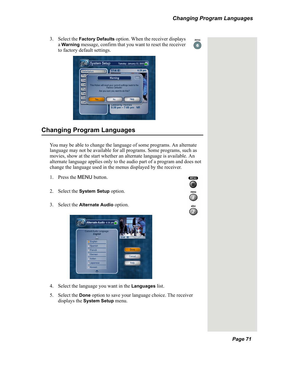 Changing program languages | Dish Network Solo 351 User Manual | Page 76 / 138