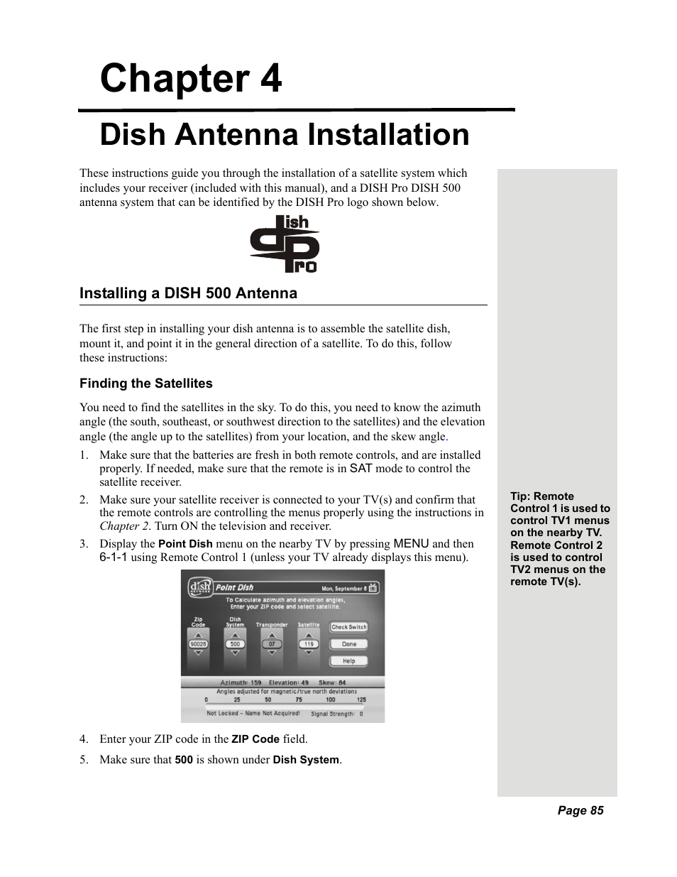 Chapter 4 - dish antenna installation, Installing a dish 500 antenna, Chapter 4 | Dish antenna installation | Dish Network Solo 351 User Manual | Page 90 / 138