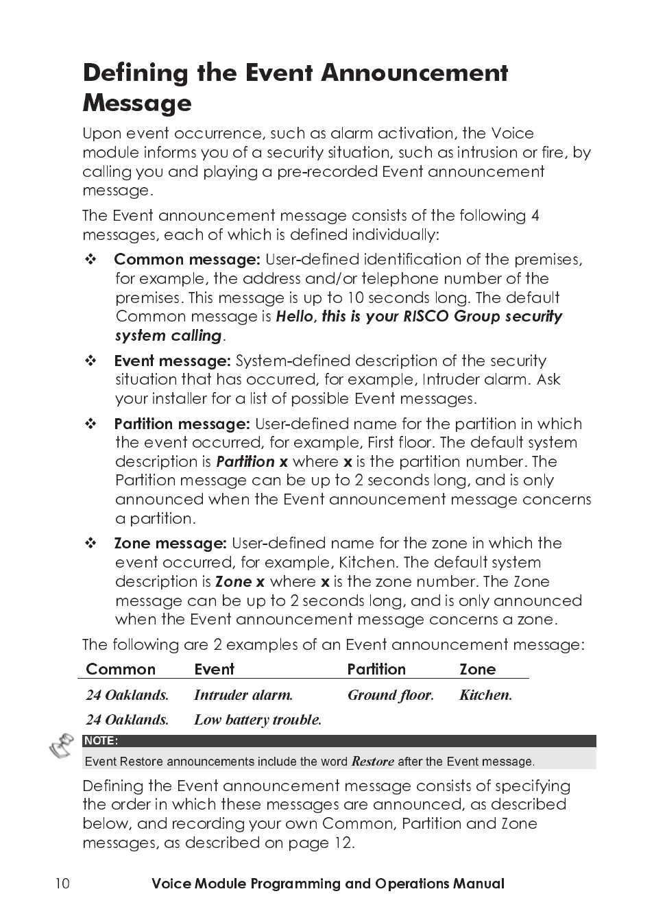 Defining the event announcement message | RISCO Group ProSYS, Interactive Voice Module User Manual | Page 10 / 44