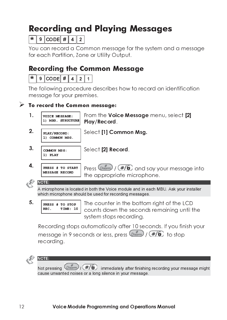 Recording the common message, Recording and playing messages, Voice message | 2] play/record, 1] common msg, 2] record, Menu, select, Select, Press, Voice module programming and operations manual | RISCO Group ProSYS, Interactive Voice Module User Manual | Page 12 / 44