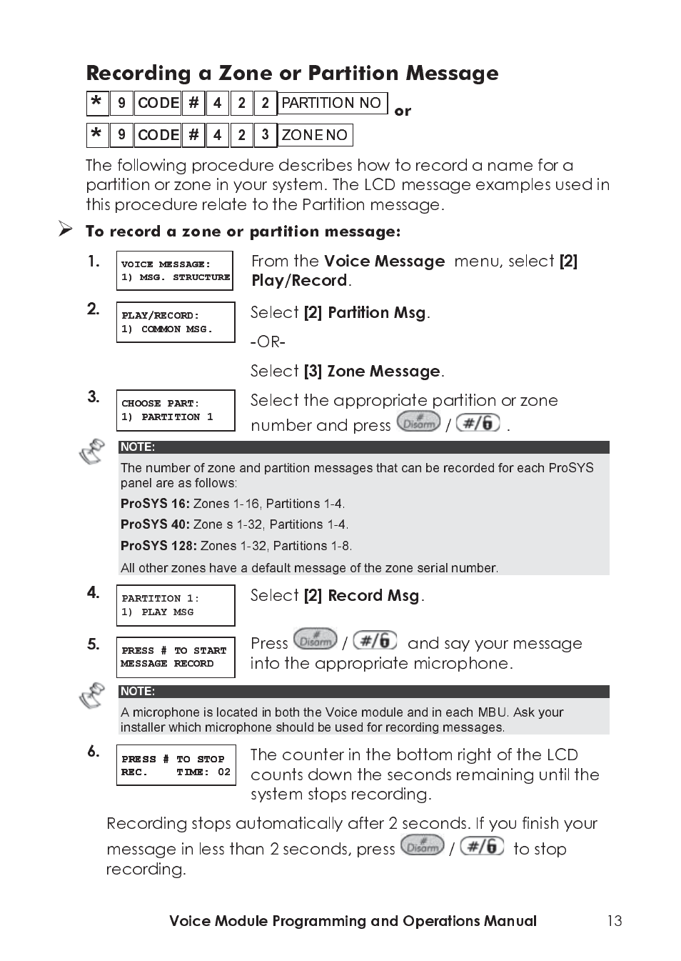 Menu, select, Select, Or- select | Press, Voice module programming and operations manual, Recording a zone or partition message | RISCO Group ProSYS, Interactive Voice Module User Manual | Page 13 / 44