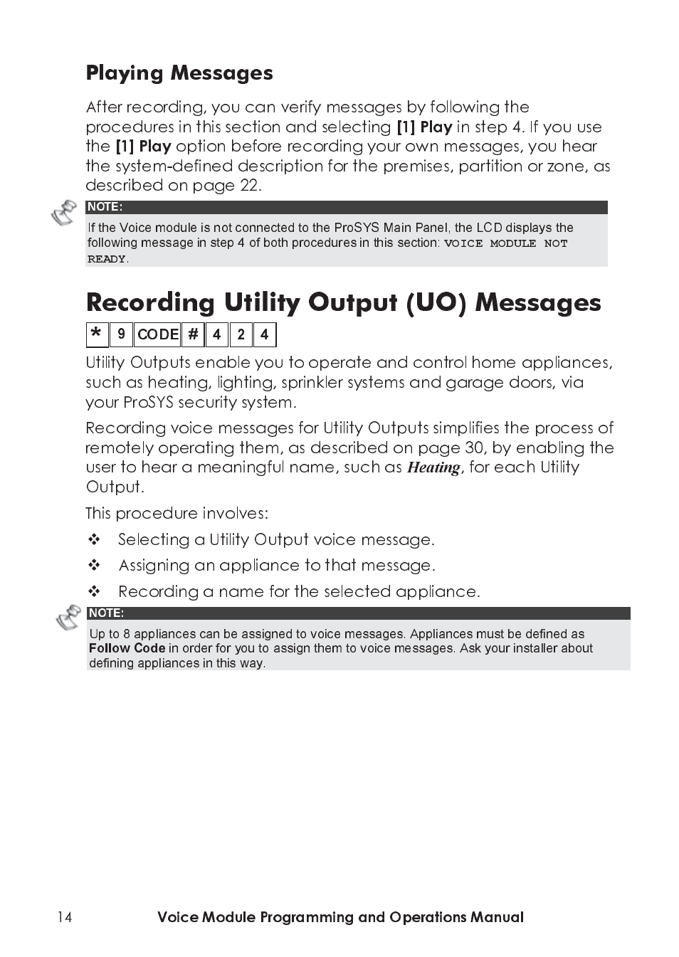 Recording utility output (uo) messages, For each utility output. this procedure involves, Selecting a utility output voice message | Assigning an appliance to that message, Recording a name for the selected appliance, Voice module programming and operations manual | RISCO Group ProSYS, Interactive Voice Module User Manual | Page 14 / 44