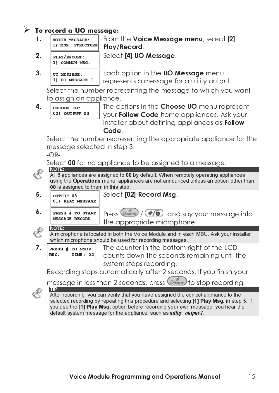 Voice message menu, 2] play/record, 4] uo message | Uo message, Choose uo, Follow code, 02] record msg, Select, Each option in the, The options in the | RISCO Group ProSYS, Interactive Voice Module User Manual | Page 15 / 44