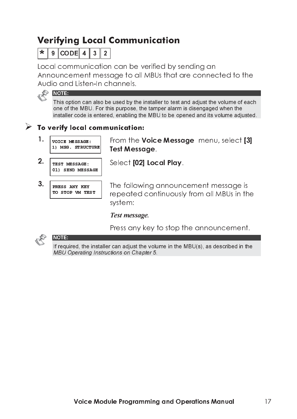 Verifying local communication, Menu, select, Select | Press any key to stop the announcement, Voice module programming and operations manual, Test message | RISCO Group ProSYS, Interactive Voice Module User Manual | Page 17 / 44
