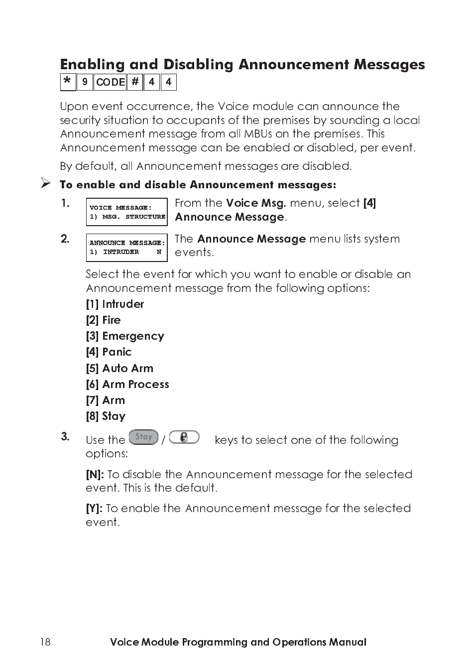 Enabling and disabling announcement messages, Voice msg, 4] announce message | Announce message, 1] intruder, Menu, select, Use the, Keys to select one of the following options | RISCO Group ProSYS, Interactive Voice Module User Manual | Page 18 / 44